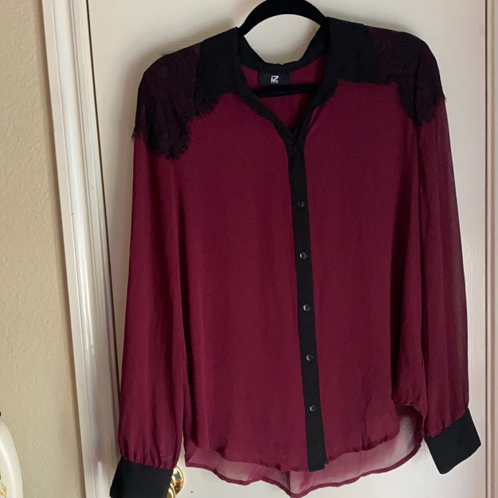 Iz Byer burgundy sheer long sleeve